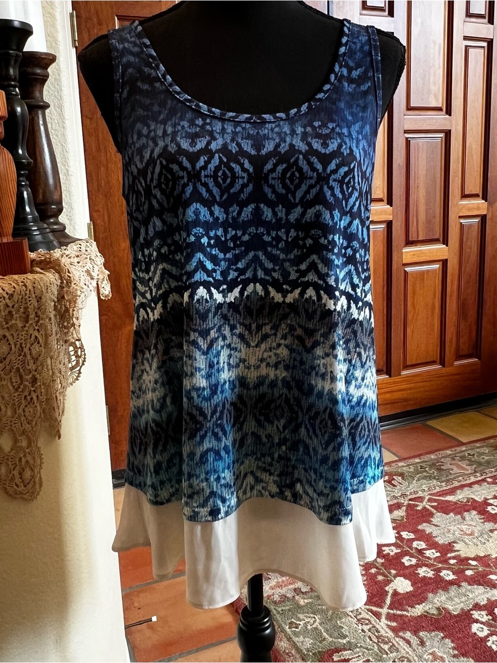 Karen Kane Aquamarine Batik Blue Sheer Hem Stretch Jersey Tank Top - $88 Size S